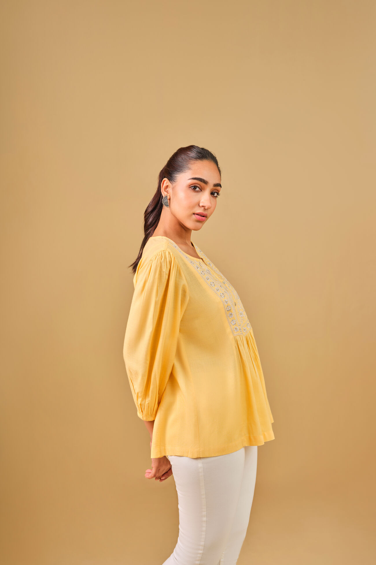 Floral Embroidered Yellow Viscose Top, Yellow, image 4
